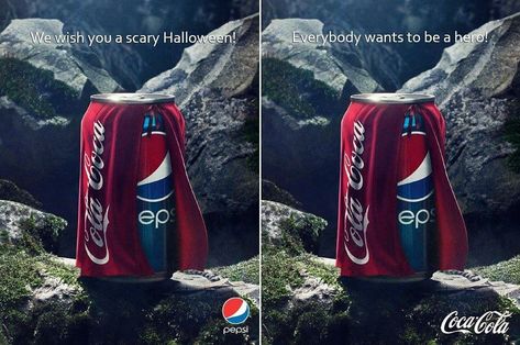 Pepsi ran a cheeky Halloween ad that directly referenced to Coke. The ad featured a Pepsi can in a red cape, Wishing Scary Halloween. Of course, Advertising that directly mentions a competitor can be risky, But, One of the Coke fan created their own version of the ad, saying that "Everybody wants to be a hero!" which immediately enjoyed its own explosive viral popularity. 😊 [ Have you noticed what pepsi did to avoid legalities or copyright infringements ? If not, Check the comments ] Pepsi Advertisement, Cola Wars, Pepsi Ad, Coke Ad, Clever Advertising, Social Web, Publicidad Creativa, Best Ads, 웃긴 사진