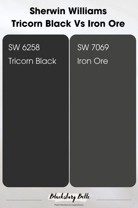 Iron Ore Vs Tricorn Black, Charcoal Paint Colors, Sherwin Williams Tricorn Black, Iron Ore Sherwin Williams, Tricorn Black, Black Window Frames, Charcoal Paint, Black Paint Color, Sherwin Williams Paint Colors