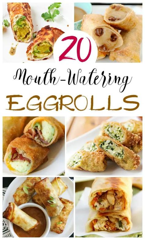 Egg rolls are super awesome because you can put almost any kind of food (or dessert) inside of an egg roll wrapper, fry or bake, and voila! Check out this Pint-sized Treasures list with the best egg roll ideas. From sweet to savory and completely personalized you can make them yours any way you want. They are simple and fun for everyone to enjoy. Eggroll Recipes, Homemade Egg Rolls, Homemade Chinese Food, Wonton Recipes, Fingerfood Party, Chinese Cooking Recipes, Egg Roll Recipes, Roll Recipes, Easy Chinese Recipes