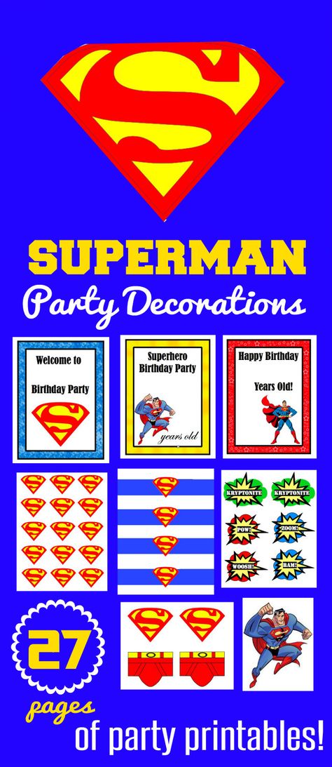 Superman Party Printables Superman Themed Birthday Party, Superman Birthday Party Decorations, Superman Birthday Party Ideas, Birthday Ideas At Home, Superman Party Decorations, Superman Invitations, Superman Theme, Supergirl Party, Superman Birthday Party