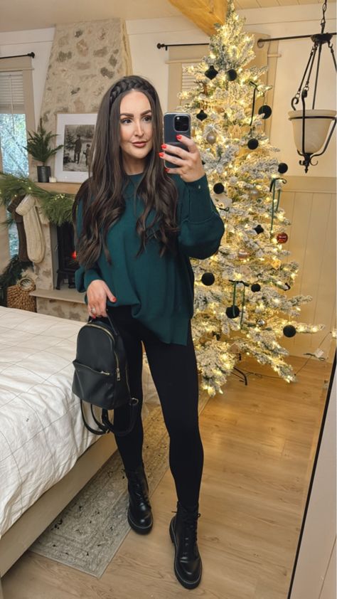 Winter fashion/ cozy winter style/ woman’s christmas outfit / forest green sweater for Christmas Christmas Outfit Ideas For Women Green, Green Shirt Christmas Outfit, Green Sweater Outfits For Women, Comfy Christmas Day Outfits, Casual Cute Christmas Outfits, Emerald Green Sweater Outfit Winter, Rainy Christmas Outfit, Dark Green Christmas Outfit, Forest Green Outfits For Women