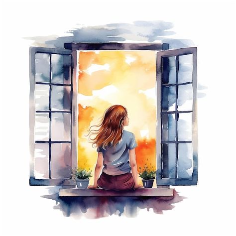 Vector girl standing at the window water... | Premium Vector #Freepik #vector #illustrations #digital-art #watercolor-girl Digital Watercolor Illustrations, Girl Watercolor Painting, Window Watercolor, Vector Girl, Mini Watercolor, Illustrations Digital, Window Drawing, Watercolor Girl, Watercolor Paintings For Beginners