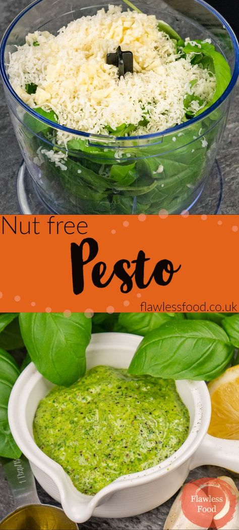 A nut free pesto recipe, perfect for those with nut allergies. Made similar to a traditional Italian green pesto. Using fresh basil, parmesan, garlic, extra virgin olive oil and lemon seasoned with salt and pepper it's a pesto without pine nuts that's still full of flavour. Makes enough for a pasta basil sauce to serve 4 -6 people.See blog post for storage and freezing tips. Diy Pesto Sauce, Basil Pesto Recipe Without Pine Nuts, Nut Free Pesto Recipe, Pesto Recipe No Nuts, Using Fresh Basil, Diy Pesto, Pasta Basil, Pesto Basil, Nut Free Pesto