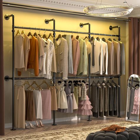 PRICES MAY VARY. 【Strong Bearing Capacity】Dimensions: 118.3" L x 15.7" W x 84 "H. This multifunctional Walk-in Closet System streamlines your closet, load capacity up to 1000lbs, not easily deformed and wobble. below 3 detachable hanging bars that easily accommodates to the length and size of your garments. it is also perfectly combinable with standard chests of drawers up to 93 cm wide. 【Sturdy and Enduring Construction】This industrial clothing rack is made of heavy duty thick metal water pipes Industrial Pipe Closet, Pipe Closet, Industrial Pipe Clothing Rack, Wall Mounted Closet, Industrial Clothing Rack, Wardrobe Space, Closet Rack, Closet Wardrobe, Wall Closet