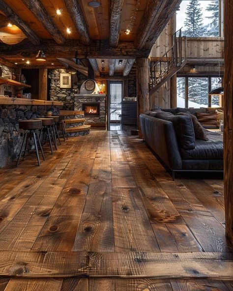 Old Western House Interior, Barndominium With Arena, Western Living Room Designs, Cabin Floors, Rustic Basement Bar, Western House, Western Room, Barn House Interior, Modern Wooden House