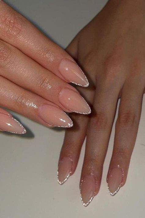 Aesthetic Nails For Wedding, French Fancy Nails, Wedding Nails Simple Elegant, Natural Nails Wedding Brides, Almond Nails With Sparkle Tips, Glitter French Tip Outline, Neutral With Glitter Nails, Nail Inspo Subtle, Bridesmaid Nail Ideas Almond