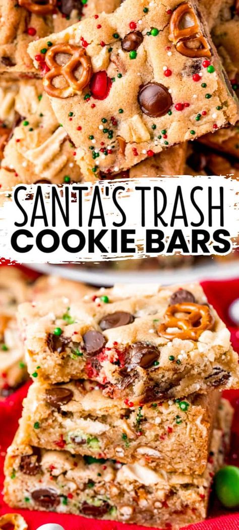 Santa’s Trash Can Cookies, Santa’s Trash Cookie, Best Santa Cookies, Santas Trash Cookies Delish, Cookies For Santa Recipe, Santa Trash Cookie Recipe, Santa’s Favorite Christmas Cookie Bars, Christmas Squares And Bars Cookie Exchange, Santa's Trash Cookies