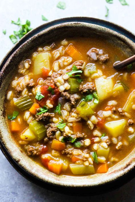 Hamburger Barley Soup, Beef Recipe Instant Pot, Soup Instant Pot, Soup With Ground Beef, Recipes Instant Pot, Beef Barley, Beef Barley Soup, Hamburger Soup, Instant Pot Soup Recipes