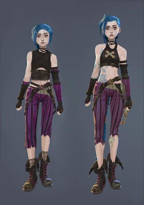 Powder From Arcane, Jinx Outfit Arcane, Jinx Arcane Genderbend, Arcane Outfit Design, Jinx Clothes Aesthetic, Jinx Top Pattern, Jinx Arcane Full Body Reference, Arcane Full Body Reference, Arcane Characters Design