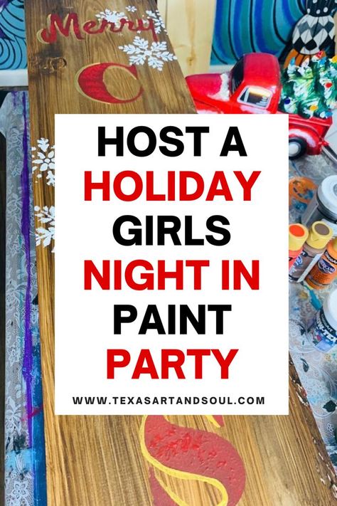 The holiday season can be so busy that many of us often feel depleted rather than joyful. It's filled with parties for work and school, and family gatherings. All that celebrating can leave you feeling more worn out than filled with Christmas cheer. I have an idea that will help. Host a Christmas paint party! I'm sure the thought of hosting anything “extra” during the holiday season may seem like too much to add to your plate. But, I promise, it’s easier to do than you think! Christmas Crafting Party Ideas, Paint Party Ideas For Adults Decorations, Christmas Group Painting Ideas, Holiday Paint And Sip Ideas, Ladies Night Christmas Craft, Christmas Paint Night Ideas Step By Step, Holiday Craft Party Ideas, Christmas Paint Party Ideas Canvases, Sip And Paint Christmas Ideas