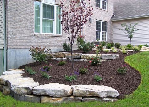 Sloped Front Yard, Boulder Retaining Wall, Sloped Yard, Small Front Yard Landscaping, Landscaping With Boulders, Landscaping Retaining Walls, Budget Ideas, Front Landscaping, Rock Garden Landscaping