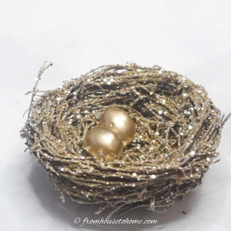 This glam gold bird nest DIY Christmas ornament is made from a twig nest, mini eggs, gold glitter and spray paint. It's so easy to make and looks gorgeous with the rest of my Christmas tree decorations. #fromhousetohome #diychristmas #christmasdecor #christmasornament Bird Nest Diy, Nest Diy, Gold Twigs, Diy Pinecone, Diy Christmas Ornament, Pinecone Ornaments, Christmas Tree Decorations Diy, Holiday Craft, Mini Eggs