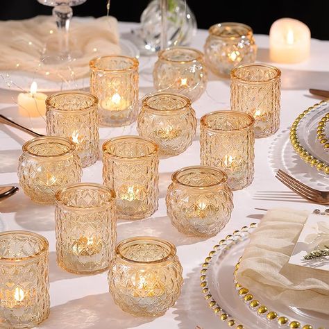 Champagne And White Table Decor, Speakeasy Wedding Centerpiece, Gold Mirror Centerpiece Wedding, Black And Gold Candles, Old Money Table Decor, Micro Wedding Table Decor, Candle Only Wedding Centerpieces, Tea Light Decor, Art Deco Wedding Reception Decor