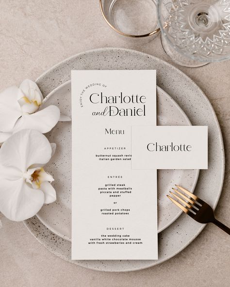 Aesthetic Menu Card, Wedding Table Stationary, Modern Monogram Logo, Wedding Table Name Cards, Wedding Name Tags, Elegant Wedding Menu, Wedding Cake Vanilla, Event Stationery, Wedding Graphics