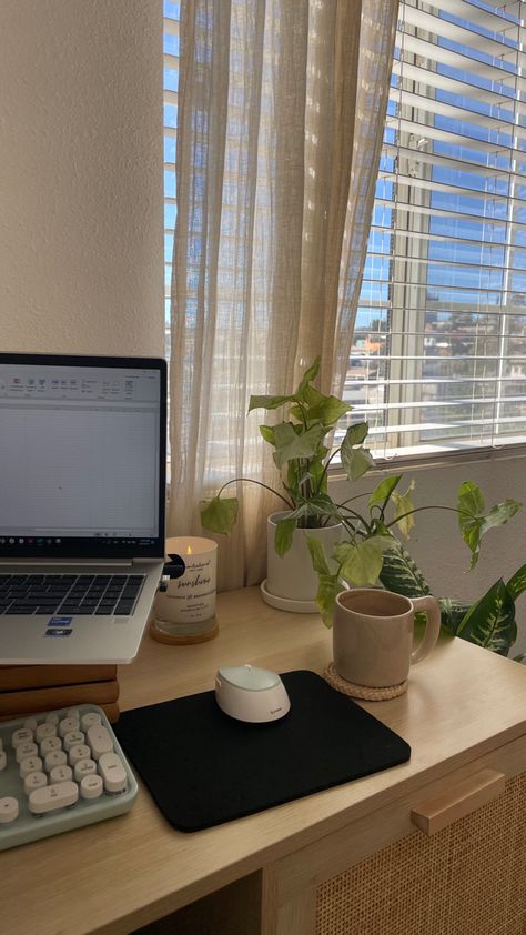 Wooden Desk Inspo Aesthetic, Relaxing Desk Decor, Desk Decor Ideas Teacher, Aesthetic Wooden Desk, Plants On Desk, Brown Desk Aesthetic, Desk Against Window, Wooden Desk Aesthetic, Desk Plant Decor