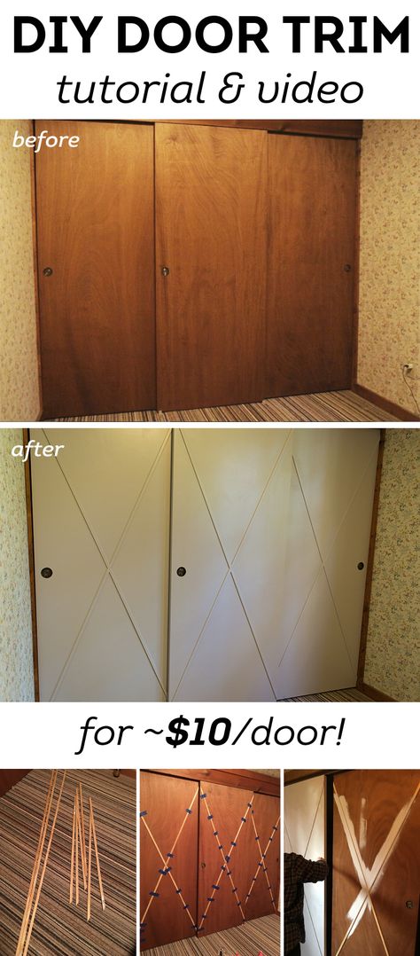 DIY Door trim tutorial & video Closet Door Alternative, Old Closet Doors, Door Alternatives, Diy Closet Doors, Closet Door Makeover, Interior Door Trim, Diy Wardrobe, Sliding Closet, Sliding Closet Doors