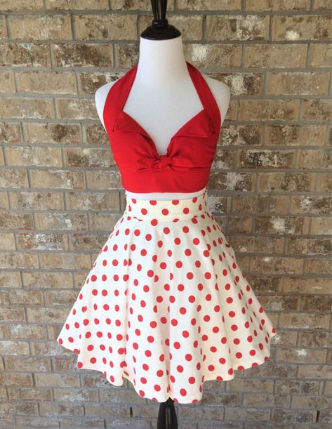 Handmade Solid Poppy Red Ava Halter Top & Polka Dot Circle Skirt 50s Style Aesthetic, 1950s Skirt Outfit, Red Retro Outfits, 50s Dance Outfit, 1950s Pinup Fashion, Pin Up Outfits Rockabilly, Retro Outfits 50s, 1950s Inspired Outfits, 50s Fashion Aesthetic