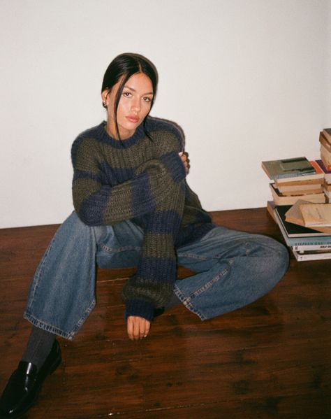 Daren Knitted Oversized Jumper in Khaki and Navy Blue Stripe Fall Winter 24 25 Trends, Blue Jeans Outfit Winter, Jean Model, Oversized Knitted Jumper, 2024 Fits, Whisky Sour, Work Fits, 2024 Style, Fall Lookbook