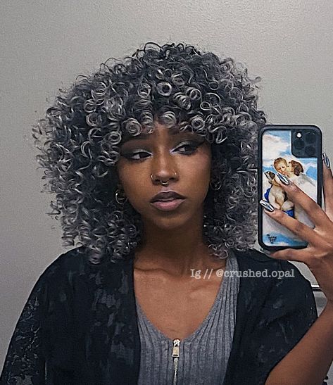 Silver Hair Highlights On Curly Hair, Silver Curly Hair Black Women, Grey And Black Curly Hair, Grey Curly Hair Black Women, Silver Balayage Curly Hair, Dark Grey Curly Hair, Grey Highlights On Dark Hair Curly, Curly Hair Gray Highlights, Gray Hair Dye Black Women