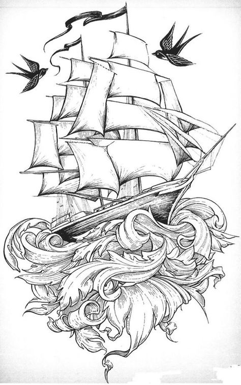 Pirate Tattoo, Sea Tattoo, Tattoo Old School, Nautical Tattoo, Ship Tattoo, Ship Drawing, 흑백 그림, Traditional Tattoos, Desenho Tattoo