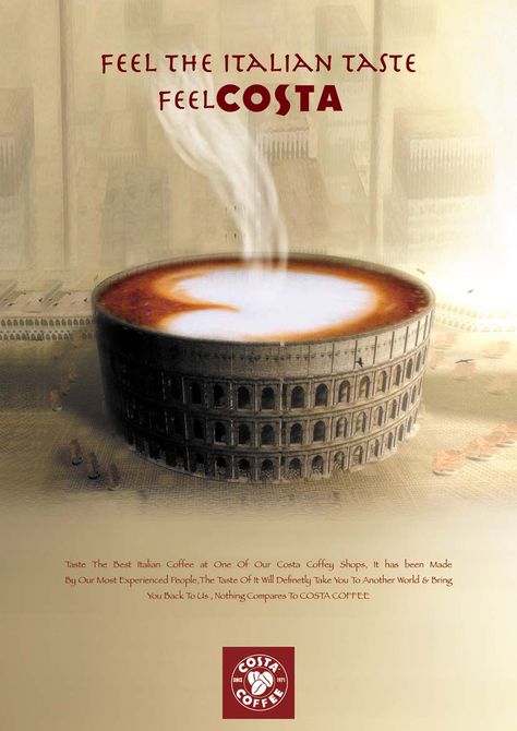 Costa Cafe Lavazza, Coffee Advertising, Costa Coffee, Coffee Logo, Guerilla Marketing, Coffee Poster, Italian Coffee, Creative Poster Design, Food Packaging Design