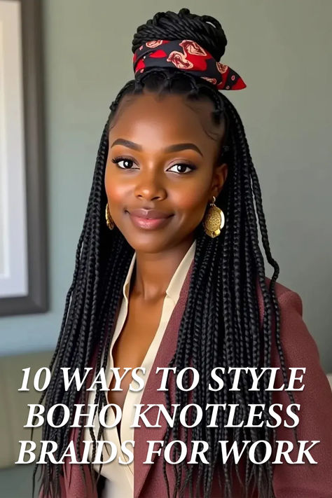 10 Ways to Style Boho Knotless Braids for Work Knotless Braids With Headband, Styling Boho Braids, Professional Braids For Work, Knotless Boho Braids Hairstyles, Style Boho Knotless Braids, Style Your Knotless Braids, Boho Knotless Braids Styles, Braids For Work, Styles For Knotless Braids