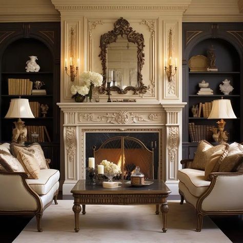 Book Case Next To Fireplace, Traditional Fireplace With Built Ins, Arch Built In Shelves Fireplace, Grand Fireplace Ideas Living Rooms, Fireplace Bookshelves Built In, Dark Academia Fireplace, Luxury Fireplace Living Room, Bookshelf Next To Fireplace, Fireplace With Bookshelves On Each Side