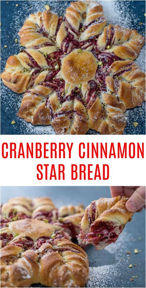 This Cranberry Cinnamon Star Bread is a holiday spectacular with a warm cranberry, brie and pistachio filling wrapped around a fluffy bread. #holidayrecipe #cinnamon #bread #cranberries Valentines Bread, Xmas Bread, Holiday Bread Recipes, Cinnamon Star Bread, Star Bread Recipe, Pistachio Filling, Flower Bread, Festive Bread, Shaped Bread