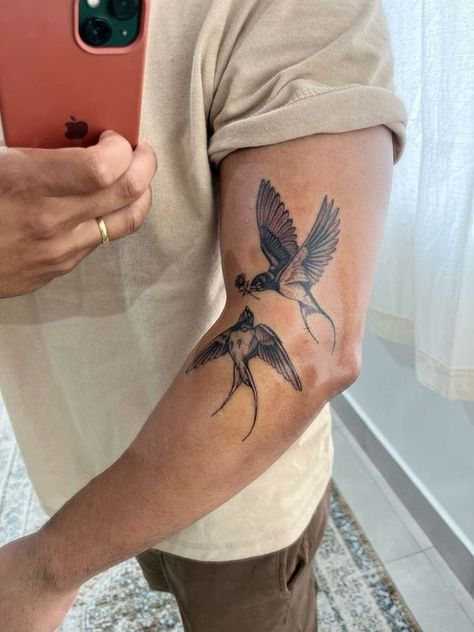 Men Sparrow Tattoo, Fine Line Pices Tattoo, Black And Gray Illustrative Tattoo, Tattoos To Represent Brothers, Male Sibling Tattoos, Bicep Shoulder Tattoo, Cool Guy Tattoos, Bird Tattoos Men, Significant Other Tattoos