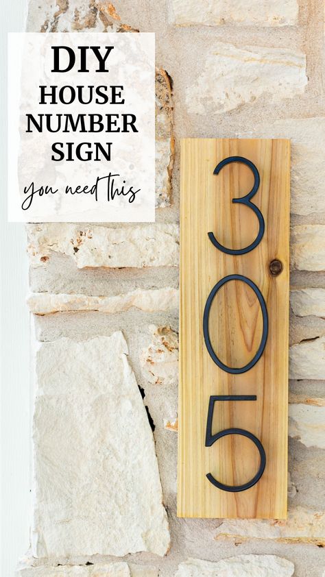 Easily DIY your own modern house number sign for instant curb appeal! Inexpensive and quick! How To Make House Number Sign, House Address Plaque, Diy Number Signs For House, Homemade Address Signs, Vertical House Numbers Diy, House Number Diy Sign, Diy House Numbers Ideas Address Signs, Front Porch Number Ideas, Easy Diy House Number Sign