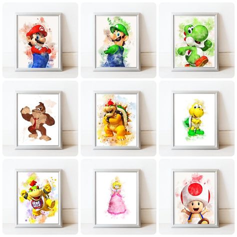 PRINTS ONLY, FRAMES NOT INCLUDED Super Mario brothers wall art prints, 4 design to choose from. The perfect addition to a gaming theme room. Printed using high quality fade resistant inks our prints also make a great gift idea. A2,A3, A4, A5 printed on glossy photo paper 230gsm giving the prints a pop of colour 8 x 10 inches printed on matte card 250gsm giving the prints a more duller look Buy 2 get 1 free, add each item to basket and checkout Any questions pop us a message we are always here to Mario Theme Room, Mario Brothers Room, Arlo Bed, Super Mario Bedroom Ideas, Mario Themed Bedroom, Super Mario Bedroom, Mario Nursery, Mario Wall Art, Mario Bedroom