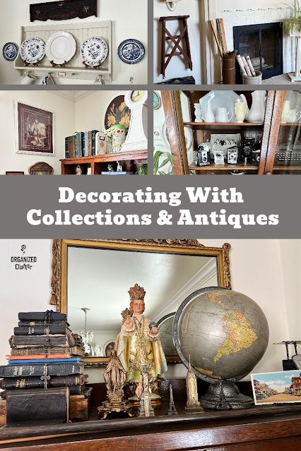 Decorating With Vintage Items Antiques, How To Display Antiques, Vintage Gallery Wall Ideas Living Room, Collections Of Objects Display, Antique Decor Ideas, Antique Bedroom Decor, Antique Vignettes, Decorating With Vintage Items, Antique Style Living Room