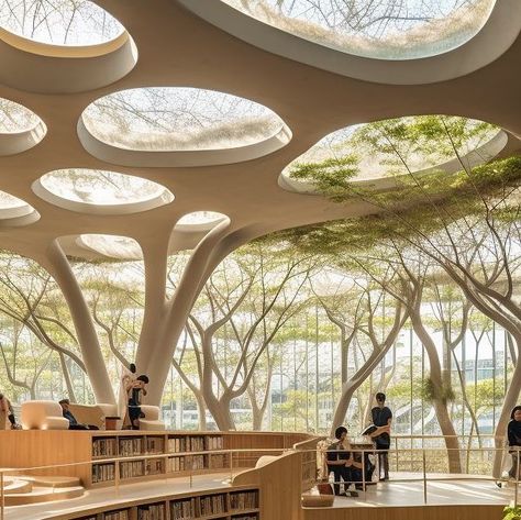 Open Library Architecture, Inspiration From Nature In Architecture, Library Courtyard Design, Garden Library Architecture, Natural Library Design, Light Weight Architecture, Architectural Library Design, Library Design Ideas Architecture, Library In Nature