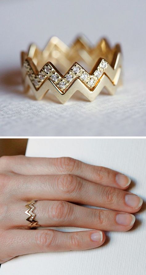 zig zag Different Types Of Rings, خواتم خطوبة, Diamond Stacking Rings, Gold Ring Designs, Finger Rings, I Love Jewelry, Gold Jewelry Fashion, Types Of Rings, Pretty Jewellery