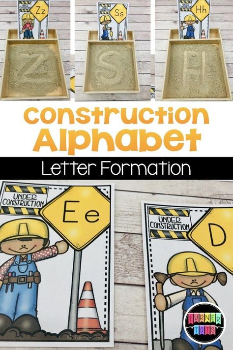 Construction Alphabet | Practice letter formation in a sand tray to add a sensory experience to this writing activity during a construction preschool theme! Construction Learning Activities, Construction Alphabet Free Printable, Construction Preschool Theme, Construction Preschool Activities, Construction Letters, Orange Classroom, Construction Dramatic Play, Construction Preschool, Construction Alphabet