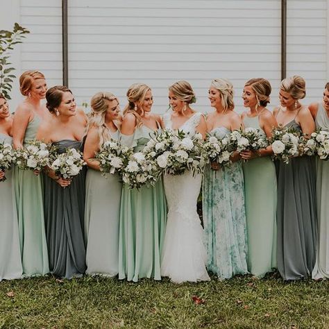 Bridesmaids wearing shades of green for a spring wedding #SpringWedding #BridesmaidsStyle #BridesmaidsInspo #Regram via @Bvyu56yBbDL Shades Of Green Bridesmaid Dresses, Bridesmaid Dresses Different Colors, Mismatched Green Bridesmaid Dresses, Bridesmaid Dresses Mismatched, Wearing Shades, Spring Bridesmaid Dresses, Sage Bridesmaid Dresses, Green Wedding Dresses, Sage Green Bridesmaid Dress