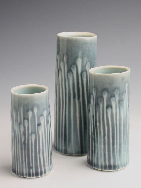 Three Vases, 2010. Thrown and water-etched porcelain. Height 14cm Coil Pots, Ceramic Tools, Surface Decoration, Best Water, Pottery Glazes, Ceramics Projects, Ceramics Ideas Pottery, Ceramic Studio, Pottery Designs