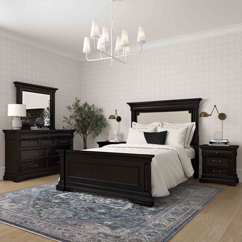 At once subtle and bold, the dark brown Stamford collection boasts elegant molding and nickel-finished hardware. White Bedroom Black Furniture, Dark Wood Bed Frame, Dark Brown Bedrooms, Brown Bed Frame, Dark Wood Bedroom Furniture, Dark Wood Bedroom, Contemporary Bedroom Sets, Dark Bedroom Furniture, Brown Furniture Bedroom