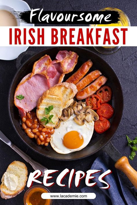 A hearty Irish breakfast includes eggs, sausages, bacon, black and white pudding, mushrooms, tomatoes, and brown soda bread. It's a filling and comforting meal perfect for lazy weekend mornings. Irish Breakfast Recipes, Black And White Pudding, Authentic Irish Recipes, Keiss Castle, Potato Farls, Brown Soda Bread, Traditional Irish Stew, White Pudding, Irish Foods