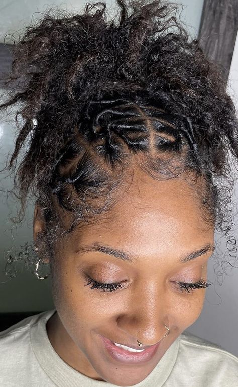 Starter Locs Styles For Short Hair Updo, Loc Barrel Twist Ponytail, Down Locs Hairstyles For Women, Loc Peekaboo Color, Loc Barrel Ponytail, Cute Hairstyles For Locs Short, Cool Loc Styles, Loc Ponytail Styles With Weave, How To Style Starter Locs