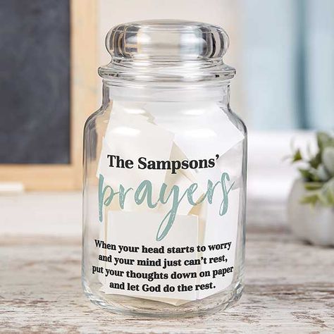 Personalize with any text above the word "prayers"Choose color Includes lid26 oz. capacityGlassHand WashMeasures 4" diameter x 7" H with lidPlease Note: Contents not includedMade in the USA  Keep a special collection of family prayers with the Family Prayers Personalized Glass Storage Jar. The base of the jar features a beautiful quote to complete the design. Family Prayers, Prayer Jar, Personalized Memorial Gifts, Christian Quotes Prayer, Prayer For Family, Prayer Box, First Communion Gifts, Glass Storage Jars, Beautiful Prayers