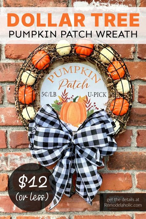 fall pumpkin patch wreath Welcoming Front Door, Fall Wonderland, Pumpkin Wreath Diy, Easy Fall Wreaths, Dollar Tree Pumpkins, Fall Decor Dollar Tree, Dollar Tree Fall, Diy Halloween Wreath, Diy Dollar Tree Decor