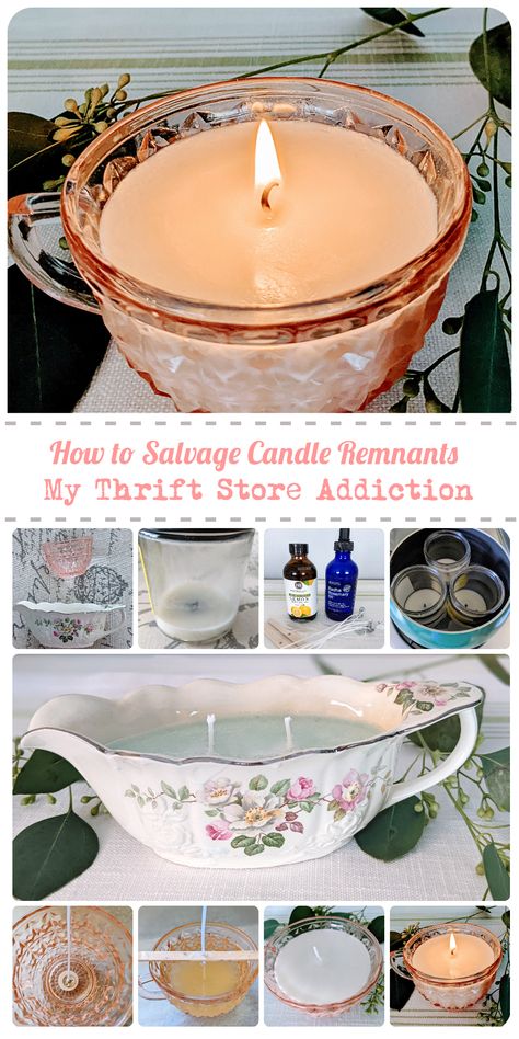 Candle Leftovers Diy, Unique Diy Candle Ideas, Thrift Store Diy Candles, Reuse Candle Wax Diy, Making Candles From Old Candles, How To Melt Candles To Reuse, How To Make A Candle Diy, Leftover Candle Wax Reuse, Decorate Candle Jars