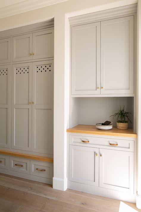 Tour a breathtaking home with a modern farmhouse vibe in Coto de Caza Gray Mudroom Cabinets, Shaker Mudroom, Plank Cabinets, Herringbone Pavers, Black Mudroom, Gray Mudroom, Blue Mudroom, Mudroom Cabinetry, Brick Herringbone