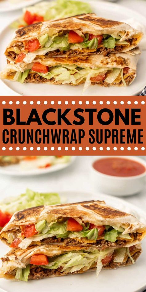 Blackstone Crunchwrap Supreme Recipe - grillonadime.com Black Stone Griddle Crunch Wrap, Blackstone Griddle Mexican Recipes, Crunch Wrap Supreme Recipe Blackstone, Blackstone Wraps, Crunch Wrap On Blackstone, Griddle Crunch Wrap, Supper On The Blackstone, Black Stone Mexican Recipes, Crunch Wrap Supreme Blackstone