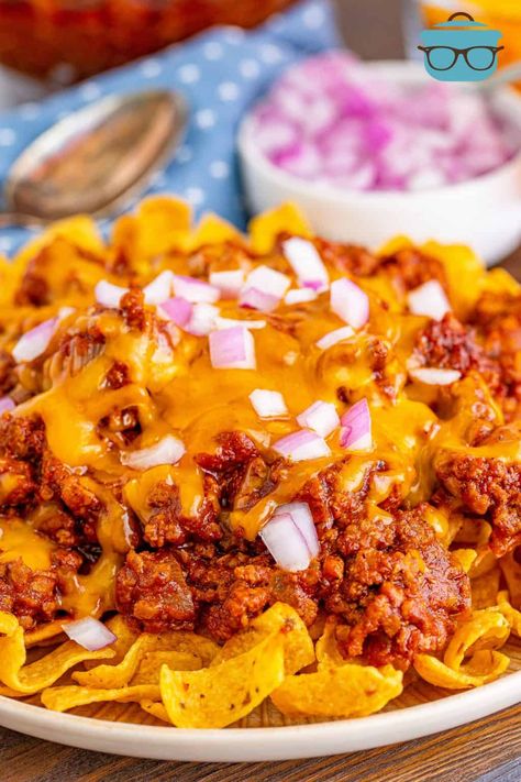 plated, chili on fritos on a white plate. Popeyes Menu, Frito Pie Recipe, Frito Chili, Frito Chili Pie, Chili Cheese Fritos, Chili Pie, Sweet Potato Recipes Baked, Frito Pie, Taco Bake