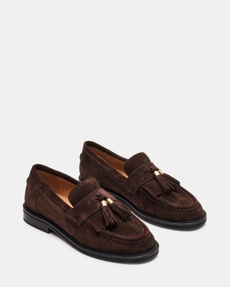 RADCLIFF Chocolate Brown Suede Tassel Penny Loafer | Women's Loafers – Steve Madden Western Bag, Ugg Mini, Brown Leather Loafers, Brown Loafers, Suede Tassel, Brown Flats, Leather Socks, Penny Loafer, Women's Loafers