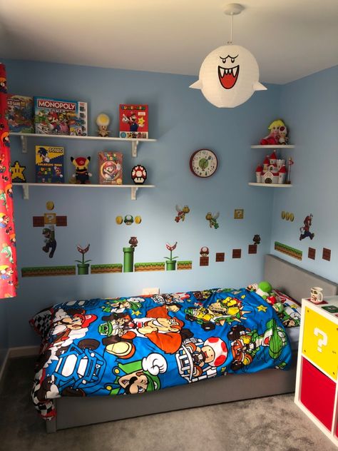 Mario Bedroom Ideas Boys, Super Mario Bedroom, Mario Bedroom, Nintendo Room, Boys Space Bedroom, Super Mario Room, Mario Room, Boy Room Themes, Gamer Bedroom