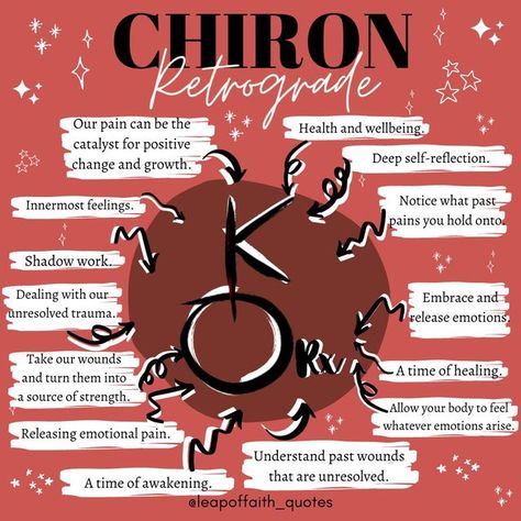 Leap Of Faith - Astrology 🔮🌙 on Instagram: "CHIRON RETROGRADE IN ARIES // 19th July - 23rd December. During Chiron Retrograde unresolved emotions from the past may begin to surface as a chance for us to understand and process these past wounds. These emotions arise for a lesson to be understood and to use this pain as a catalyst for growth and positive change. These past pains that arise may be consciously suppressed. Feeling and healing our emotions can be very painful and unpleasant. Therefo Chiron Mythology, Chiron Retrograde, Chiron Astrology, Witch Astrology, Astrology 101, Retrograde Planets, Chart Astrology, To Be Understood, Birth Chart Astrology