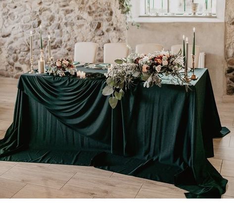 Green Head Table Wedding, Deep Green Wedding Table Decor, Dark Sweetheart Table Wedding, Emerald Green And Gold Sweetheart Table, Josie Wedding, Ceremony Table, Wedding Draping, Dark Green Wedding, Gift Table Wedding